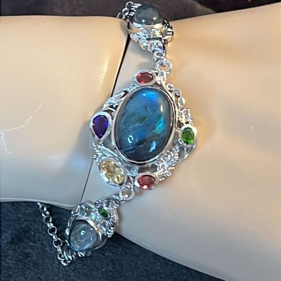 Karis Malagasy Labradorite Multi Gemstone Clelestial Garden Bracelet, Platinum - Picture 9 of 17